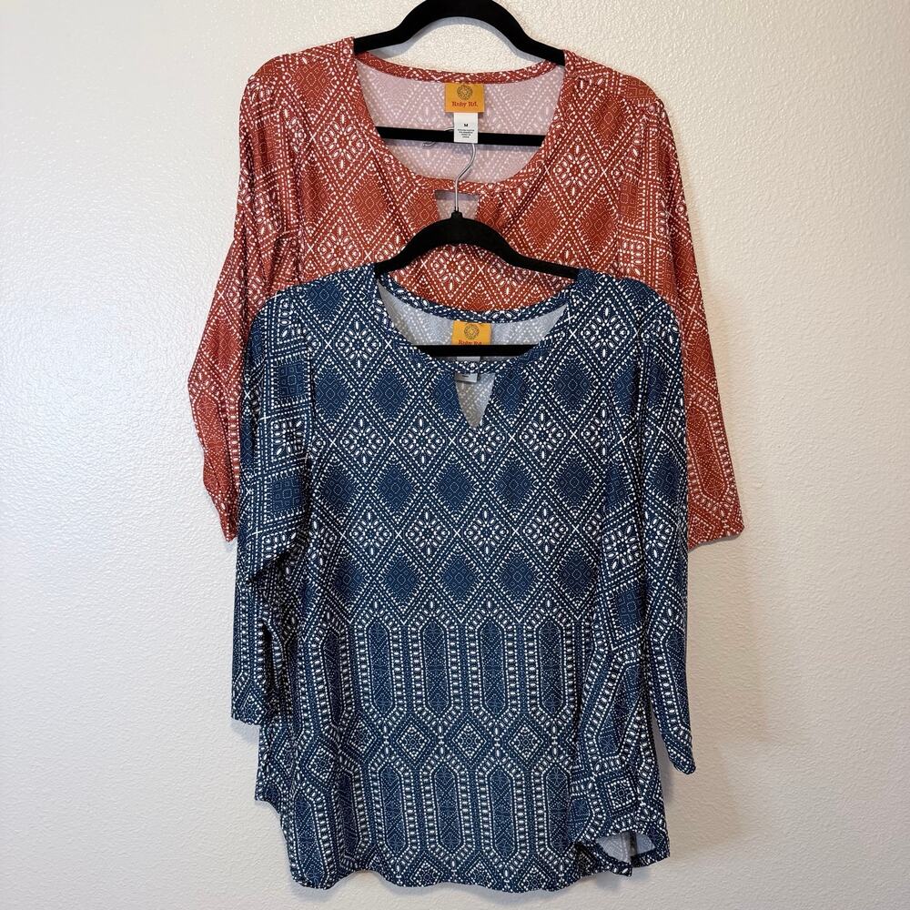 Ruby Rd. Burnt Orange and Blue Patterned Boho Blouses Size M